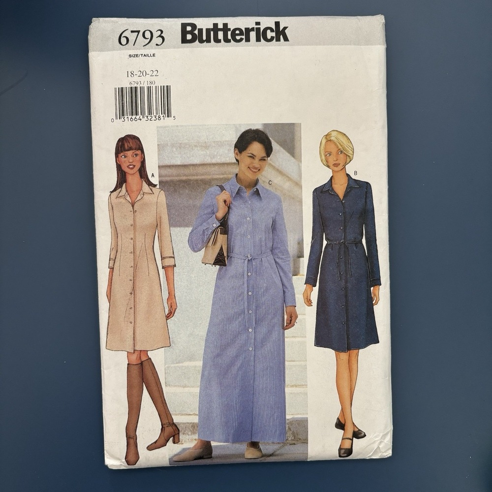 Y2K Butterick Pattern 6793 Shirt Dress Collared 3 Styles 18 20 22 Uncut Sewing